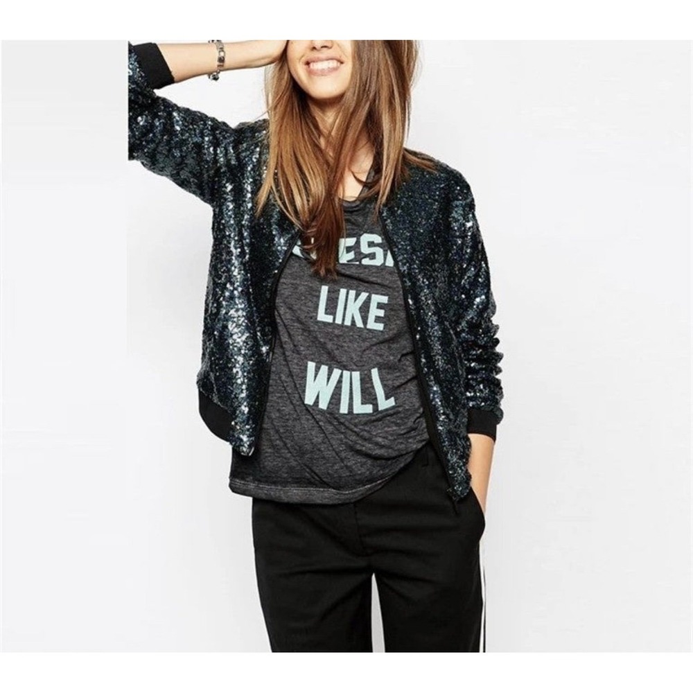 Black Sequin Baseball Jacket Medium - Picture 2 of 2